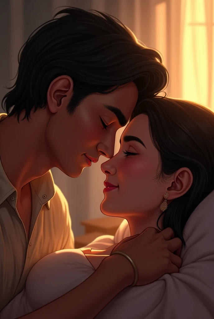 Rajesh and Sujata sleeping together. Rajesh wakes up first and contemplates waking Sujata with a kiss.Rajesh leans in only to hesitate centimeters away out of embarrassment. Sujata opens their eyes and says, 'Well if you won't do it, I will.'