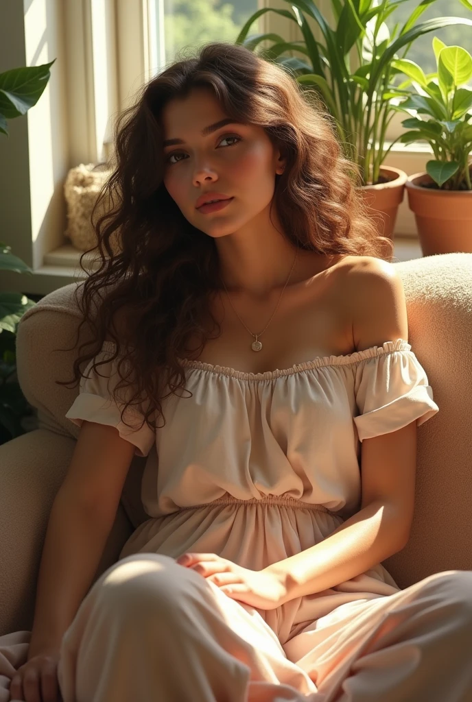 (photorealism:1.2), beautiful woman, sitting on bed, wearing loose off-shoulder top, pajama pants, long curly hair, indoors, soft lighting, plants in background, window with sunlight, cozy room, relaxed pose, realistic, intricate details, warm colors, by Greg Rutkowski, by Alphonse Mucha