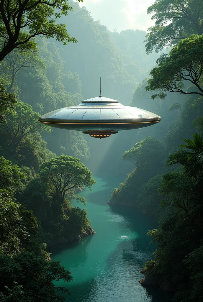 Flyng saucer
style alien flying over the Amazon River 