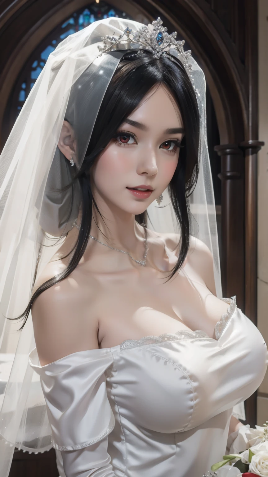 Off-the-shoulder white wedding dress, Snow White Veil, Necklace, Silver Crown, Collar, earrings, Church Background, Plant Yunzhou, anime cels style, best quality, high resolution, 1 Girl, (Huge breasts:1.2), Pretty Face, Black Hair, Long hair, ()),  Pursed lips, Want to kiss，Showing breasts，Red eyes，Transparent Clothes，Transparent underwear