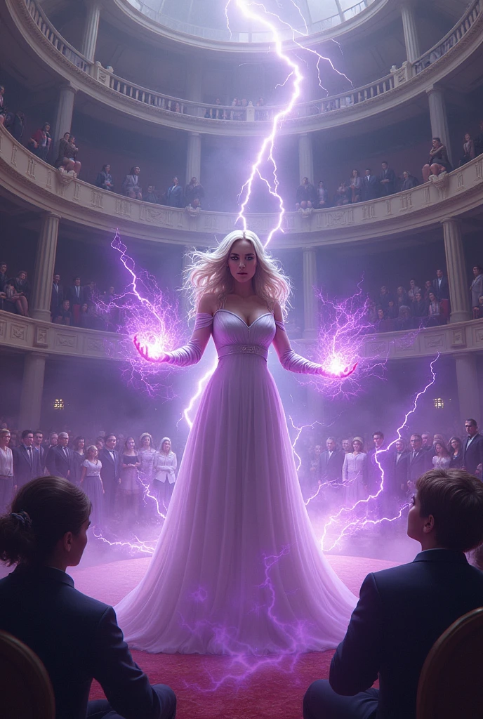 Create a white woman with medium length wavy hair in the middle of an arena full of people watching in the stands that are on a high platform., These people who are men and women must be dressed in formal attire. The white woman with wavy hair in the middle of the arena has super powers and they are to create lightning and storms., create it with purple lightning around it summoning a furious storm, the storm should be dramatic and surrounded by purple lightning, The woman's hands must also be surrounded by purple rays and her facial expression is very angry.