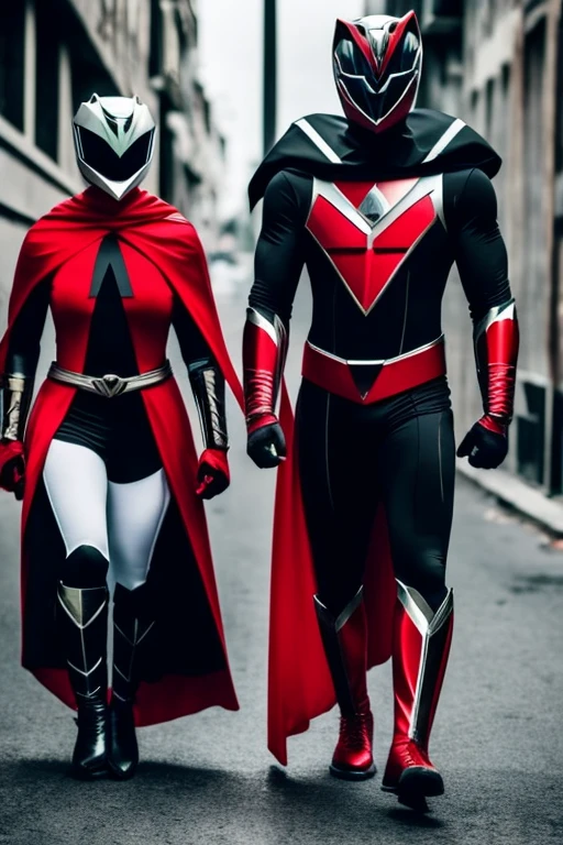 full body power ranger style superheroes, mascarado, tem capa, futurist, uses black and red color