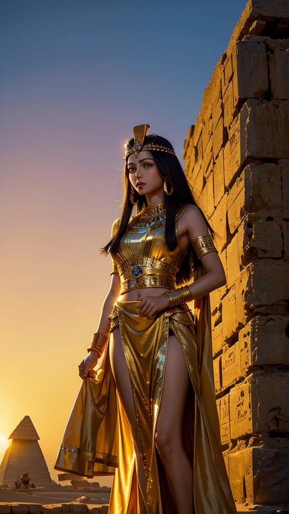 The beautiful and graceful Cleopatra in the regalia of an ancient Egyptian queen stands in front of a backdrop of Egyptian pyramids and spinxes, the sunset with dramatic golden colors.
