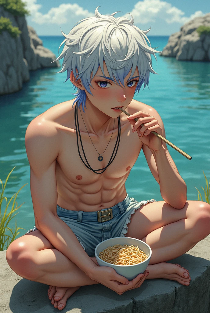 Beautiful boy with white and blue hair and brown skin, succulent and sexy and very sensual curves, rather sloppy pig cosplay with torn suit, face and facial features delicate and a little rustic and clearly blushing, very detailed, 8K, riding on a rock eating soba, a yaoi work. anime teacher