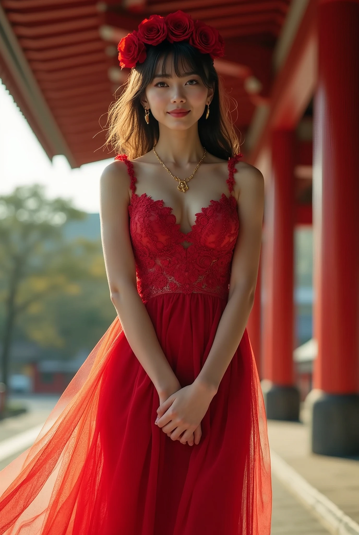 Front view, Full-body , stand on ground, sexy pose, ((in Tokyo Shinto shrine :1.3)), looking at viewer, Japanese girl, 18 age old, (light brown hair, middle hair , fringe brown eyes, beautiful lip, big smile), gold crescent earrings, gold neckless, ((Red rose flower crown )), (big breasts, slender whist, wide hip) ,((Red lace Wedding dress, Red hi-heal)), textured skin , HI detailed skin, (foreshortening, Canon, UHD, anatomically correct, super detail, high details, highness,