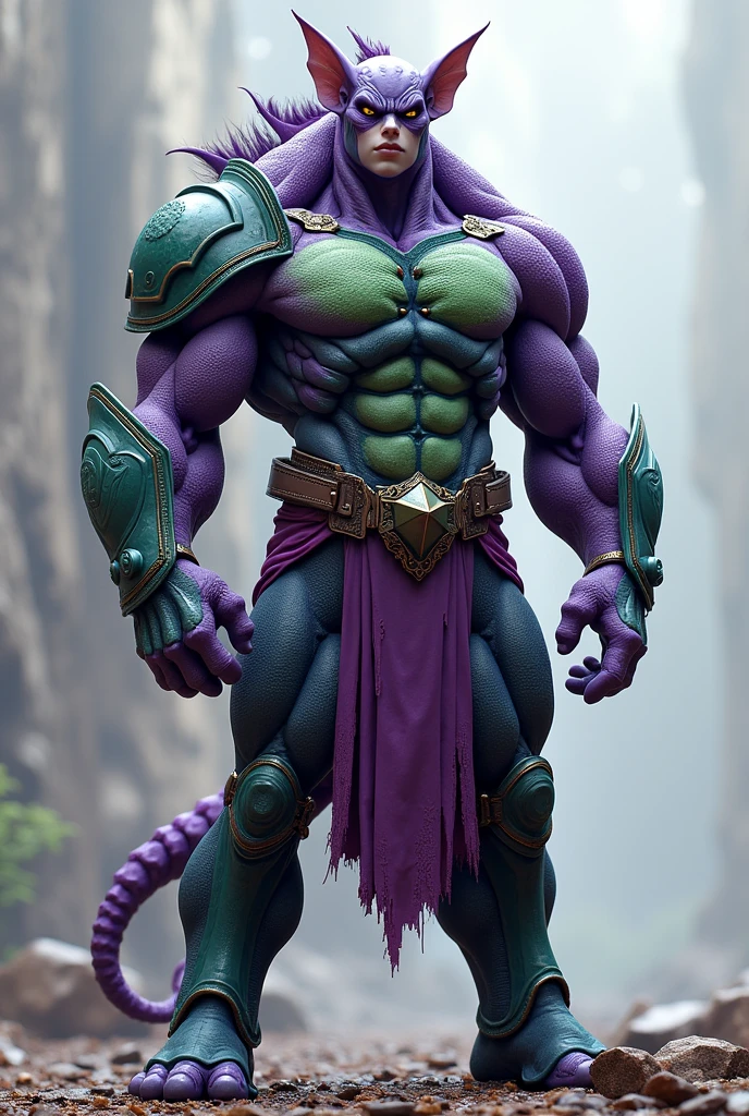 Create a purple and green superhero, high, muscular and scaly, that has flaky hair, humanoid face and armored