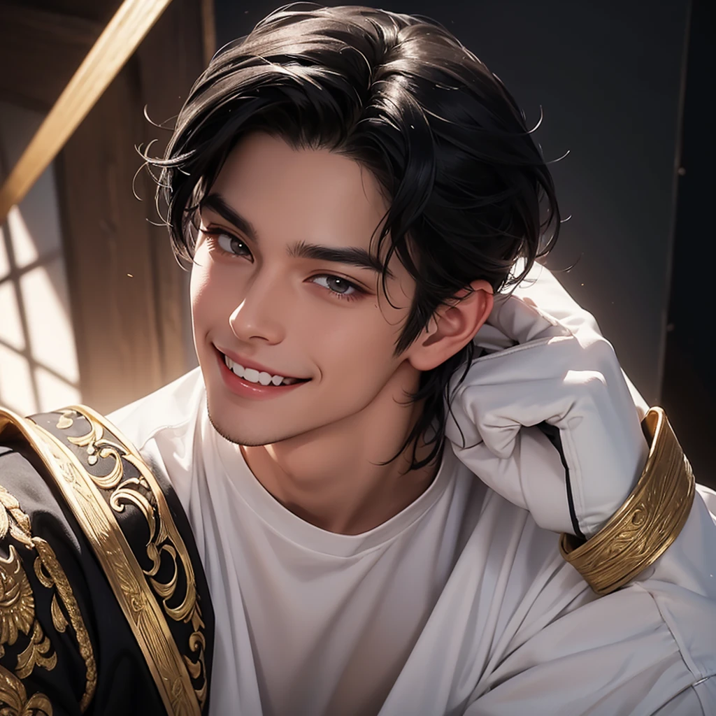 A man with shoulder length black hair holding his right cheek while smiling he has small fangs wearing a white shirt, black toxedo with gold stripes seen from the left, visible from the top of the hair to the chest