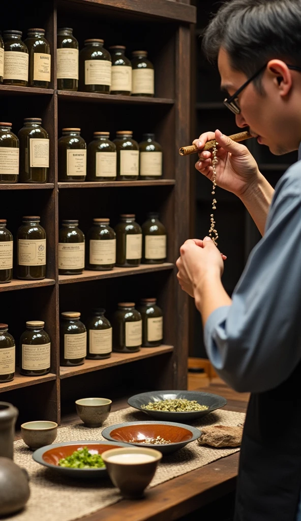 An Edo-period medicine cabinet filled with jars and labeled herbs, with a close-up of hands preparing a traditional remedy, and a man in the background carefully drinking a medicinal tea.