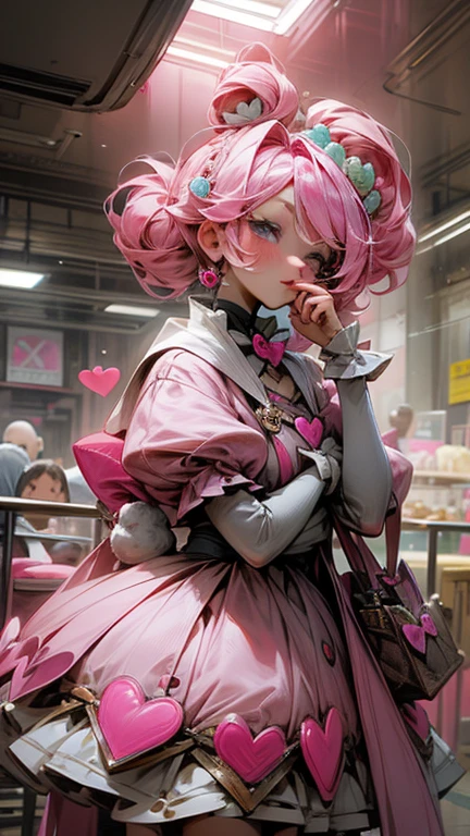 Mature Woman 、alone 、High resolution 、sketch 、Pursed lips 、Hearts in eyes 、sanpaku 、Pink Hair 、Donut hair bun 、Rabbit hair accessory 、Shine 、Coquette Dress,Pouting