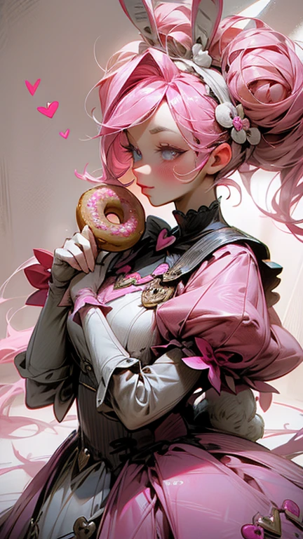 Mature Woman 、alone 、High resolution 、sketch 、Pursed lips 、Hearts in eyes 、sanpaku 、Pink Hair 、Donut hair bun 、Rabbit hair accessory 、Shine 、Coquette Dress,Pouting