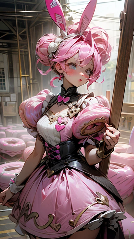 Mature Woman 、alone 、High resolution 、sketch 、Pursed lips 、Hearts in eyes 、sanpaku 、Pink Hair 、Donut hair bun 、Rabbit hair accessory 、Shine 、Coquette Dress,Pouting