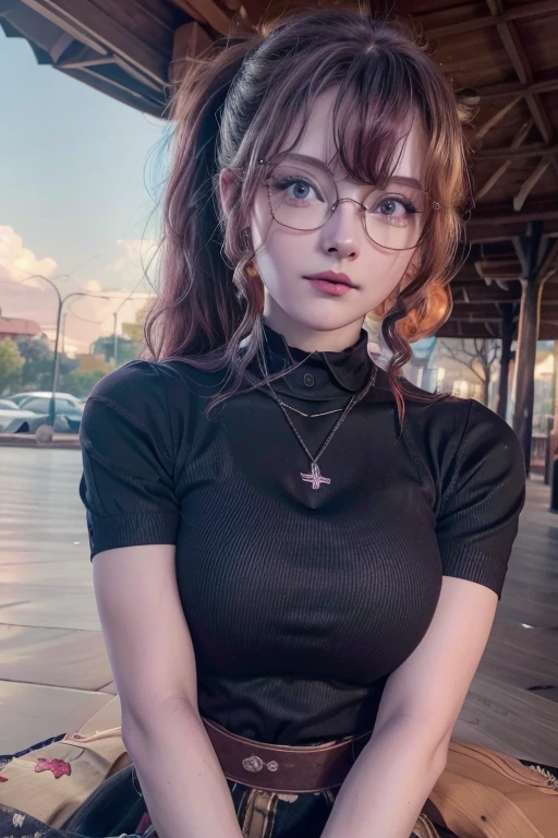 woman, redhead, bright violet eyes, with hair in a ponytail hairstyle, hair tips curling inward, light tan skin, medium-sized breasts, defined muscles, dressed in a black shirt , hermosa chica europea , caucasica , modelo adolesente europea 18 años senos medianos , gafas de lectura , cabello largo color morado con mechas rosas ,cara alegre , lindo maquillaje , outfit lindo , parque , atardecer , fondo con edificios , posando