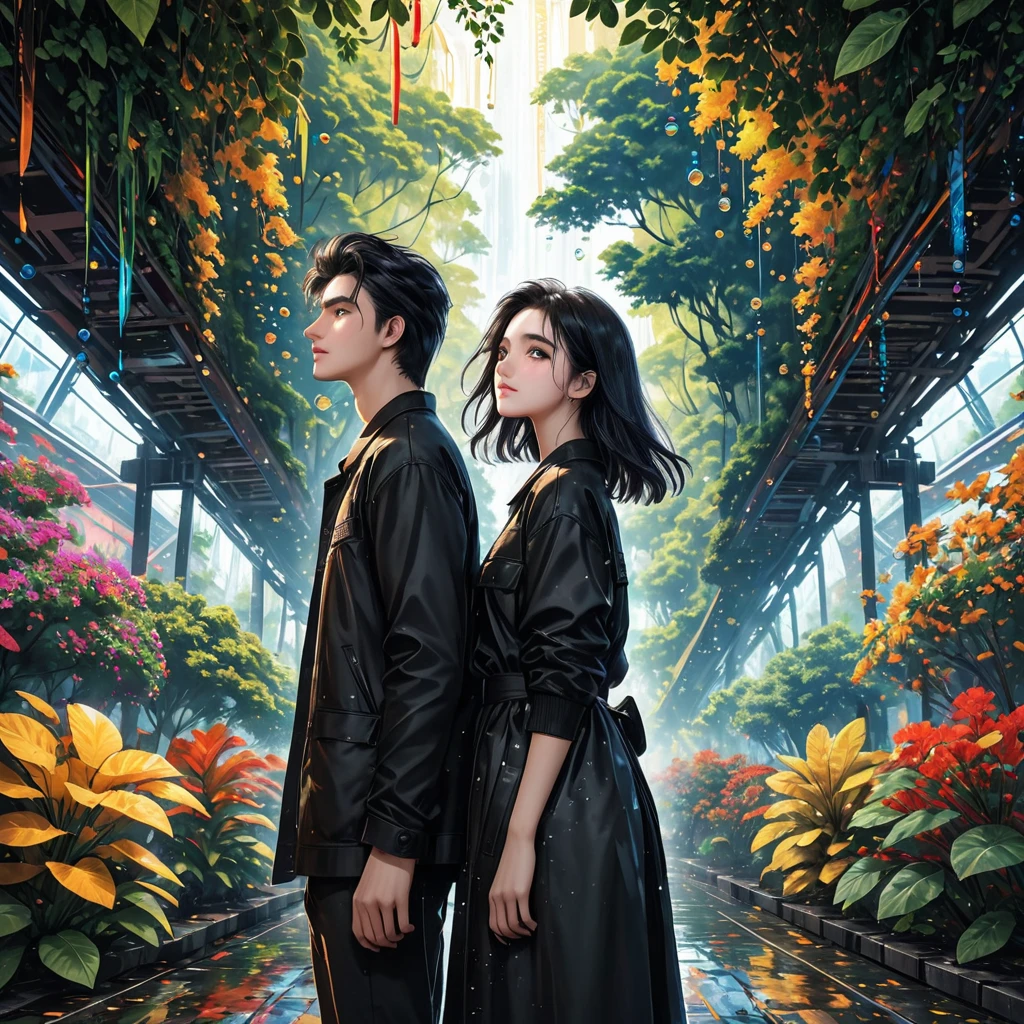 Highest quality, 4k wallpaper, 8k, ultra-high resolution, masterpiece, highly detailed CG, highly detailed eyes, ultra-detailed, complex details, public, 1:1, one 19-20 year old woman (long black hair, slim) and one 19-20 year old man, a lonely woman and man standing back to back in the center, a shy and lonely woman looking up as they stand back to back, neon pop abstract art style, abstract plant art, public, highly detailed flow of bubbles, dynamic art, cinematic lighting