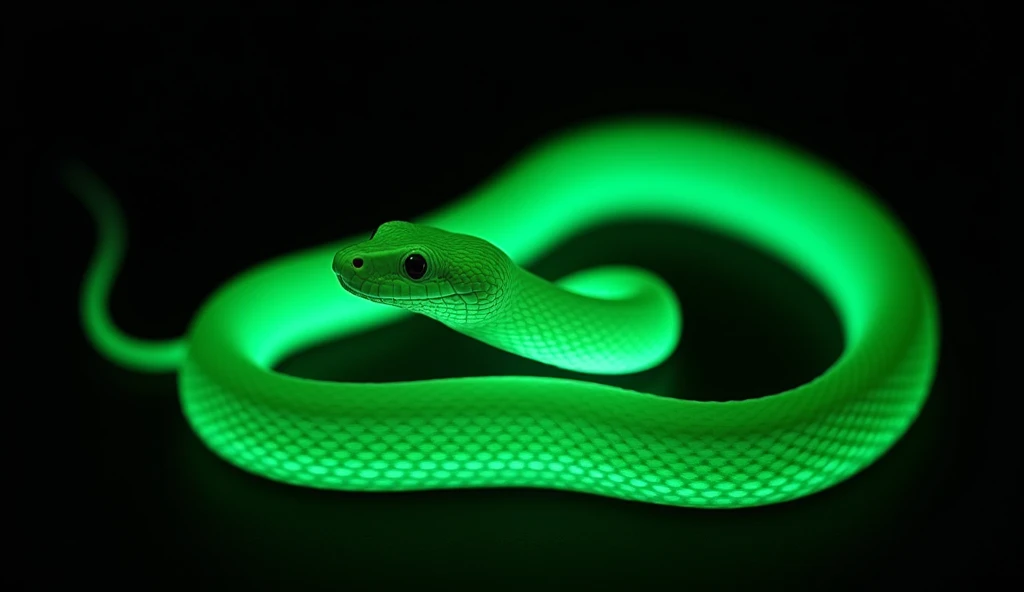 a green neon snake, black backdrop