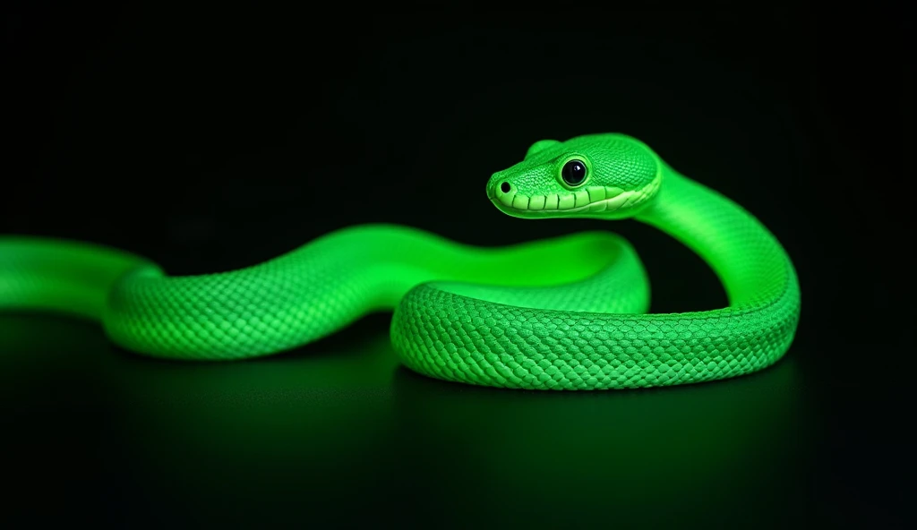 a green neon snake, black backdrop