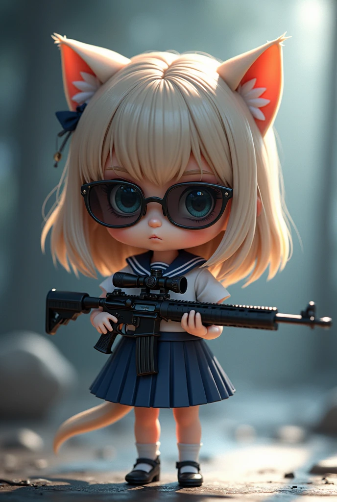 Chibi-chara ta girl with cat ears wearing a sailor uniform and sunglasses holding a sniper rifle
A more mysterious and doll-like atmosphere.