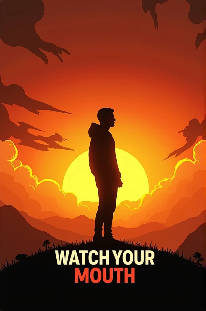Create a thumbnail featuring a silhouette of a person gazing in front of a rising sun with the text “Watch Your Mouth” standing out in a bold font