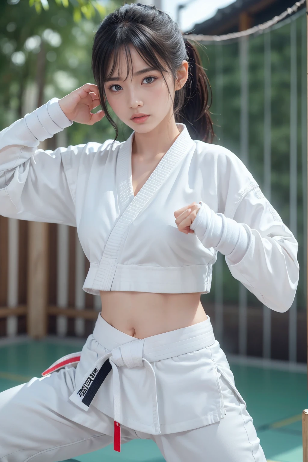 (I can see a sporty bra)、(((Karate clothes)))、Female karateka with bangs and ponytail、Visible navel and lower chest、shiny skin、((shy face))、((Turn your face away))、((look sideways))、((face is flushed))、(Watery eye)、cry、(((Karate Dojo)))、((delicate pictures))，(Masterpiece detailed RAW photos:1.25), (highest quality:1.6), (Super high resolution:1.5), (realistic:1.75), 8K resolution, Canon EOS R5, 50mm, absurd, super detailed,cinematic lighting、((Sporty panties are visible))、(((The pants are taken off)))、