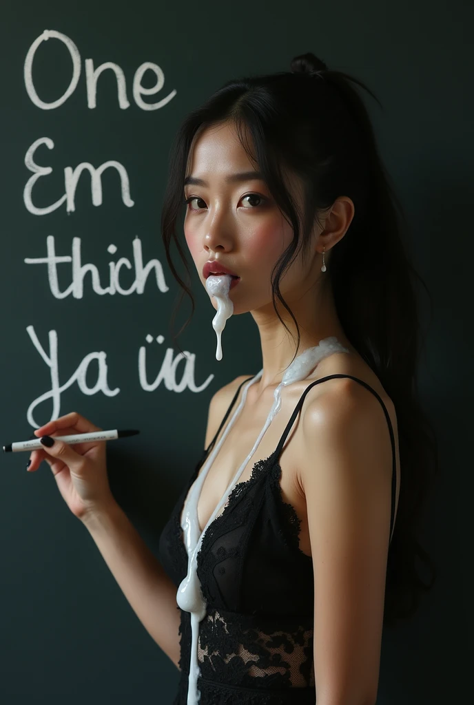 woman writing a text on the blackboard " Em thich Ya ua" , Captive hybrid blood  cute Vietnamese girl,  female in sexy detailed lace Nightdress, kneeling looking at the viewer, view from above pov, sticky white transparent liquid on her face, liquid on her cleavage, liquid running down, liquid inside her mouth, mouth open. (((Saliva with big bubbles))) on her tongue. 