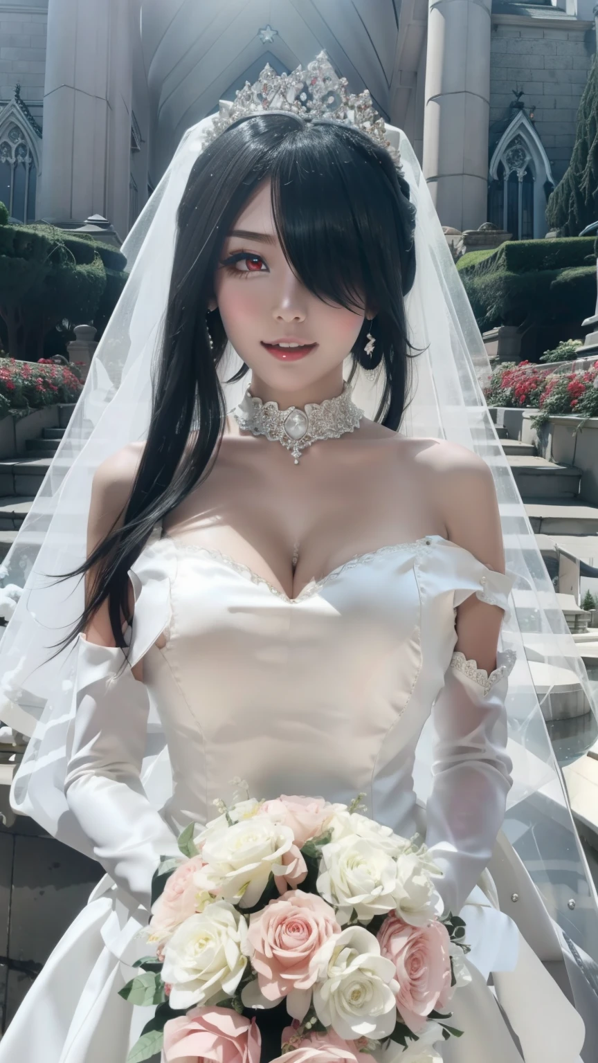 Off-the-shoulder white wedding dress, Snow White Veil, Collar, Silver Crown, 拴着铁链的Collar, earrings, Church Background, Plant Yunzhou, anime cels style, best quality, high resolution, 1 Girl, (Huge breasts:1.2), Pretty Face, Black Hair, Long hair, ((Hair covering one eye)), Pursed lips, Want to kiss，Showing breasts，Red eyes，White skin，dog leash，黑色Collar，Transparent white dress