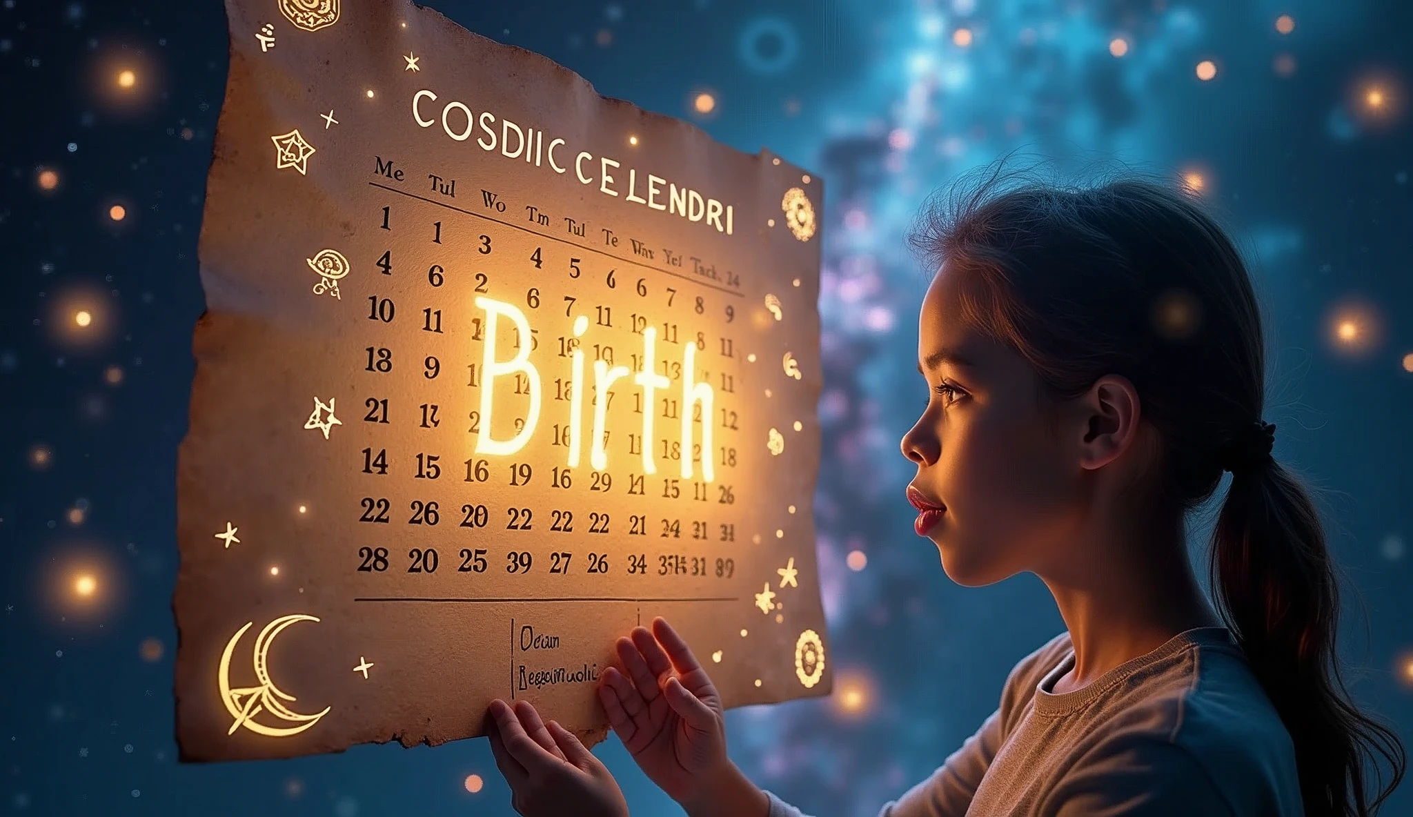 A visually striking image featuring a cosmic calendar page with a prominent birth date highlighted in glowing light. Surrounding the calendar are ethereal zodiac symbols and planetary icons, all illuminated by a celestial glow. In the foreground, a curious person is gazing at the calendar with a sense of awe and discovery. The background is a deep, starry sky with swirling nebulae and soft light to create a feeling of cosmic mystery and revelation. The overall atmosphere is one of wonder and intrigue, designed to capture the viewer's attention and convey the theme of uncovering hidden spiritual insights. -ar 16:9