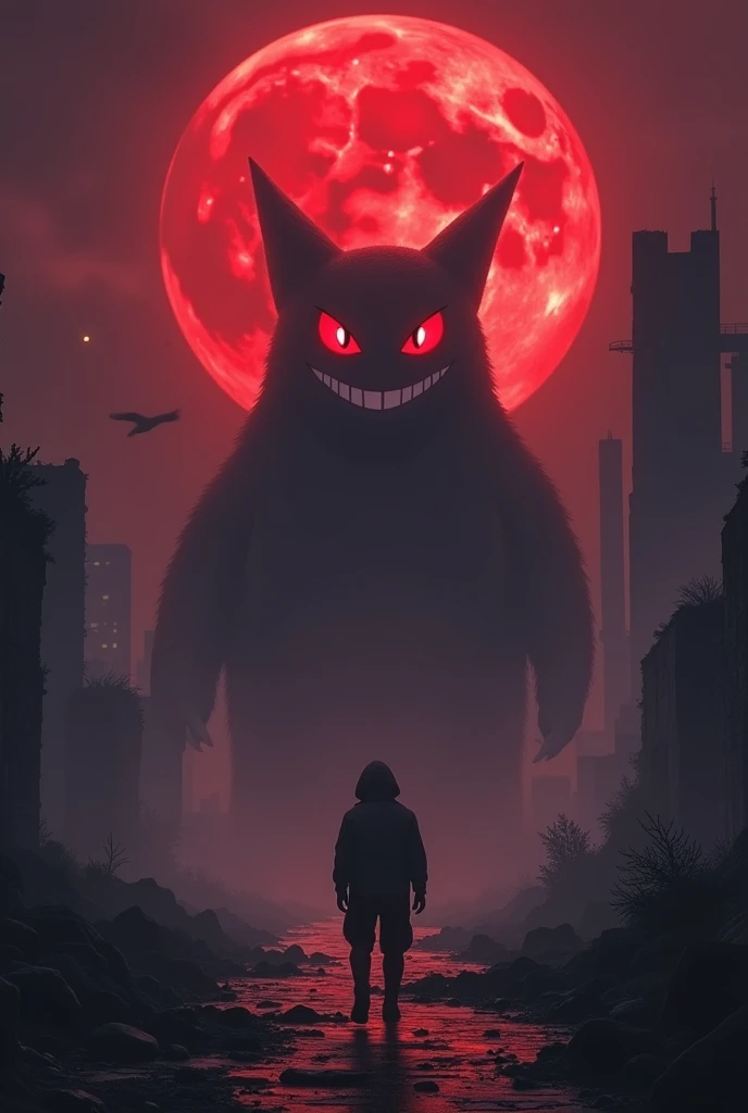 Gengar in the fog and Pokémon trainer with gore look，Highest image quality，Cinematic texture，A masterpiece，tmasterpiece，red night, red moon, smile and look, ruins of a city, 