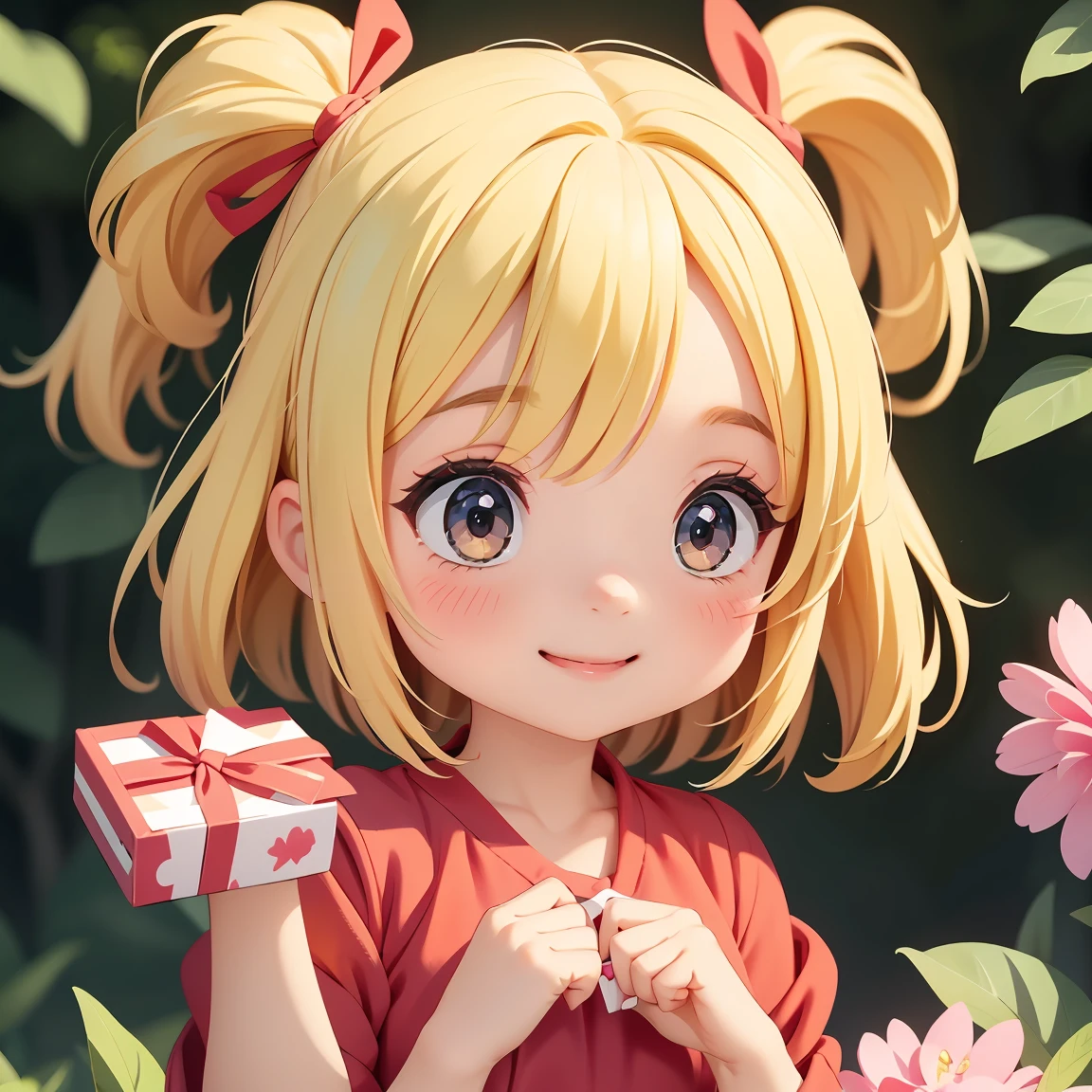 Super Chibi Character:1.8、Blonde Hair、Cute 7 year old girl、Cheerleader Outfits、Super Chibi Character:1.8、smile、Super Smile、Holding a box with a red ribbon、Holding a box with a red ribbon