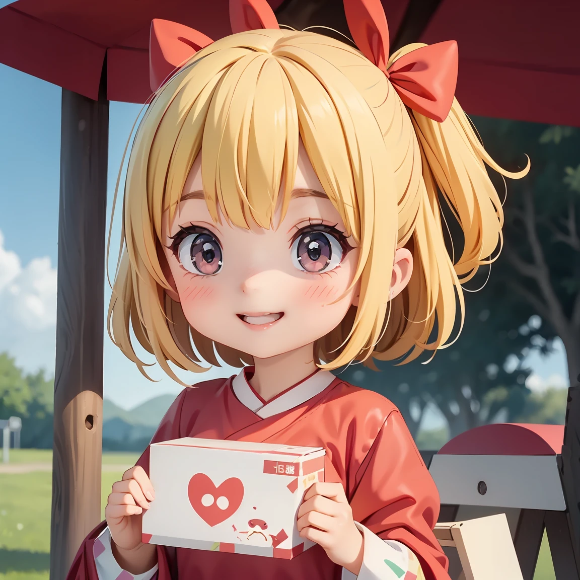 Super Chibi Character：1.8、Blonde Hair、Cute 7 year old girl、Cheerleader Outfits、Super Chibi Character：1.8、smile、Super Smile、Holding a box with a red ribbon、Holding a box with a red ribbon