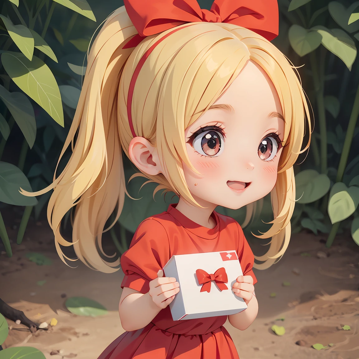 Super Chibi Character:1.8、Blonde Hair、Cute 7 year old girl、Cheerleader Outfits、Super Chibi Character:1.8、smile、Super Smile、Holding a box with a red ribbon、Holding a box with a red ribbon