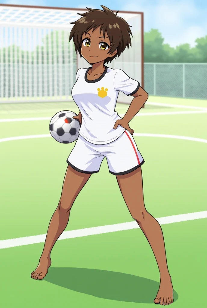 1 girl, ((Dark skin)), Dark skin, short hair, yellow eyes, ((Brown hair)), beautiful girl, delgado, smile tímida, ((smile)), ((linda)), small breasts , ((short chest)), ((wide thigh)), white soccer uniform, ((white uniform)), soccer court