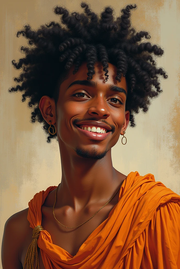 Show me a 24 year old mixed race guy with a big curly black head shaved on one side. He should wear a big smile and wear clothes very typical of the Greeks in the time of Aristotle.. Let him have his hair shaved with a line on one side and his fangs stand out in his snout.. with African features on his face but no mustache or beard.