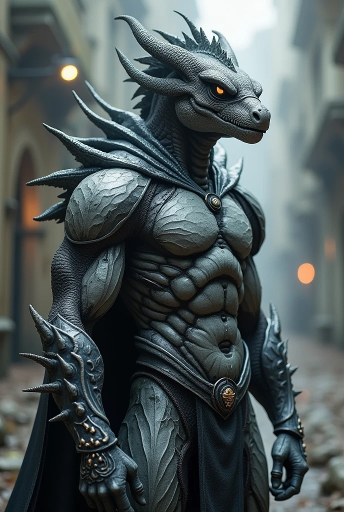 Create a gray superhero, high,
 scaly, que tenga el cabello scaly, humanoid face and armored




