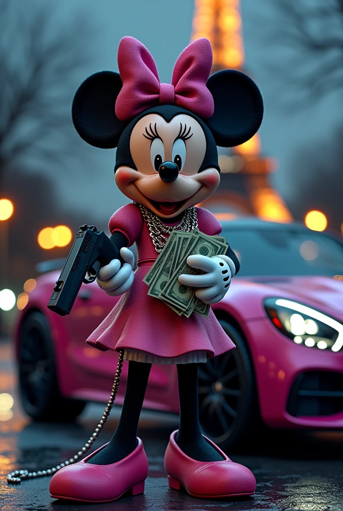 Medium pink Minnie Mouse with evil face and chains, rings, In his right hand he has bills and in his left hand a gun, stopped next to a fuchsia Mercedes Benz midsize car, behind the tower of paris at night
