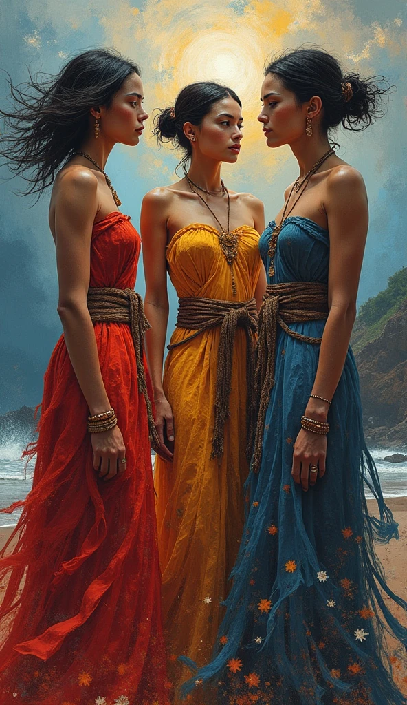  ((Paletteknife Oil painted harmonic colors)), ((Three female warriors Brunete Latina  goddess gown, staring at each other)), ((Full body)), ((Hard Dynamic Poses)), (((women's , short hair or hairless))), stunning face ,((Random dress tribal clothes printed)), (((tribal artifacts))), ((tribal oil painting in body)), Hard storming and wind effects, Paul Klee style, surreal masterpiece, octane rendering, focus, colorful oil painted background, detailed, intricate details, rich colors, barefoot, brunete  skin
