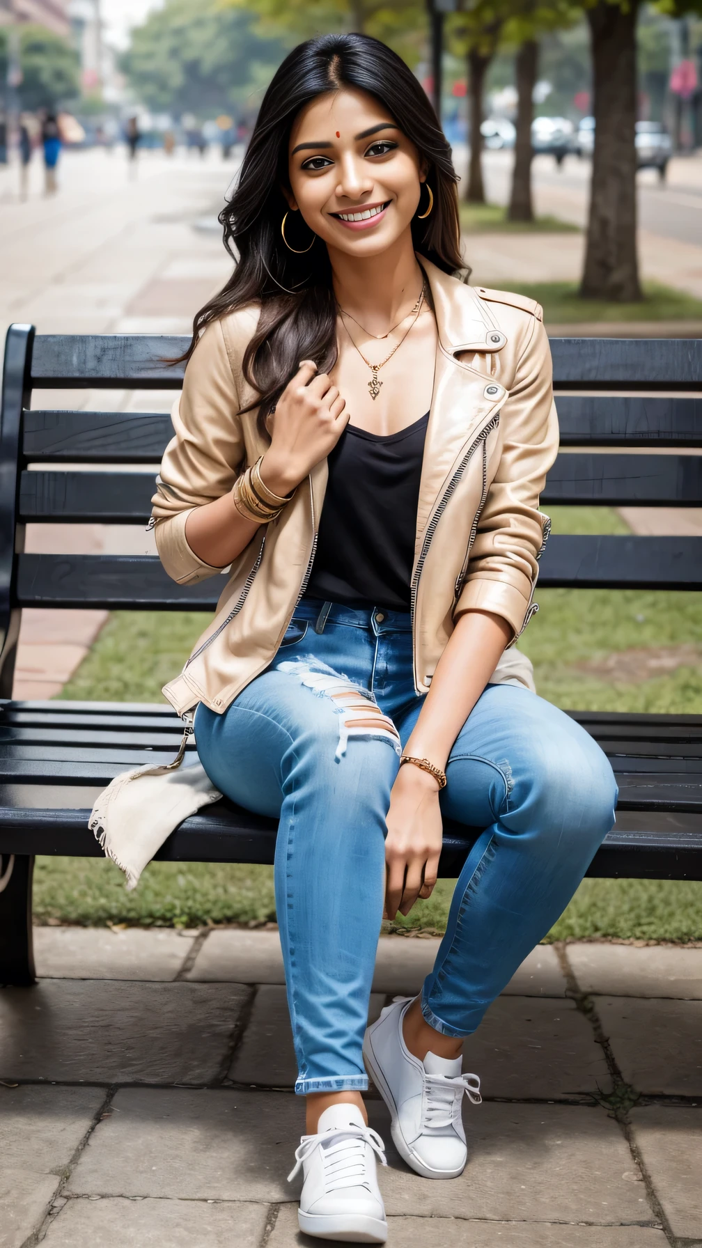 8k wallpaper, Beautiful Indian Woman、Full body photo、Sitting on a park bench、、leather jacket、shirt、Skinny jeans、sneakers、Necklace around the neck、 、ear piercing、smile、Beautiful teeth alignment、、it&#39;s raining
