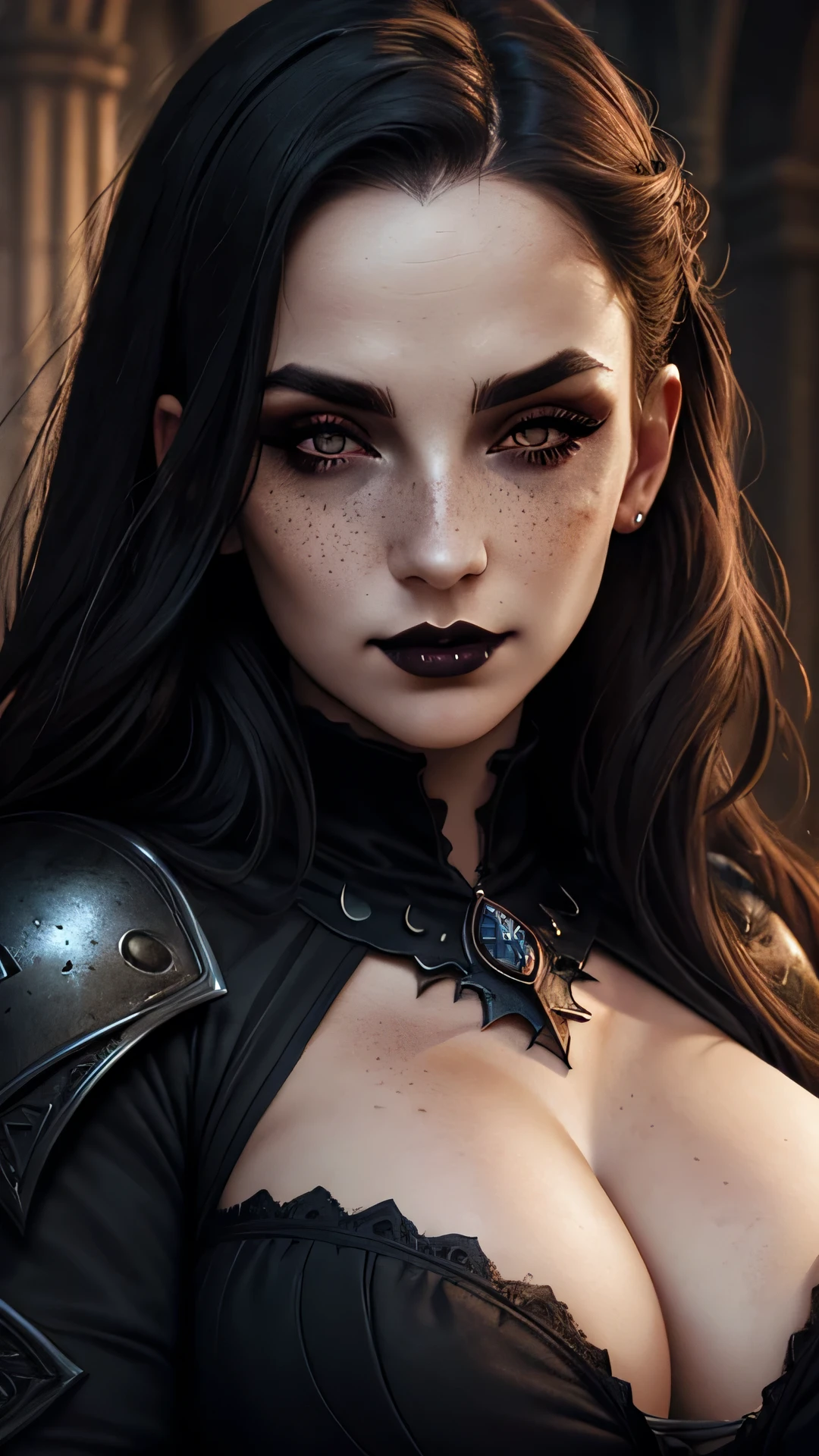 best quality, hyperdetailed photography, beautiful lady, vampire girl, freckles, gothic dark makeup, soft light, massive breasts, head and chest portrait, cover, detailed beautiful face, detail skin texture, ultra-detailed body