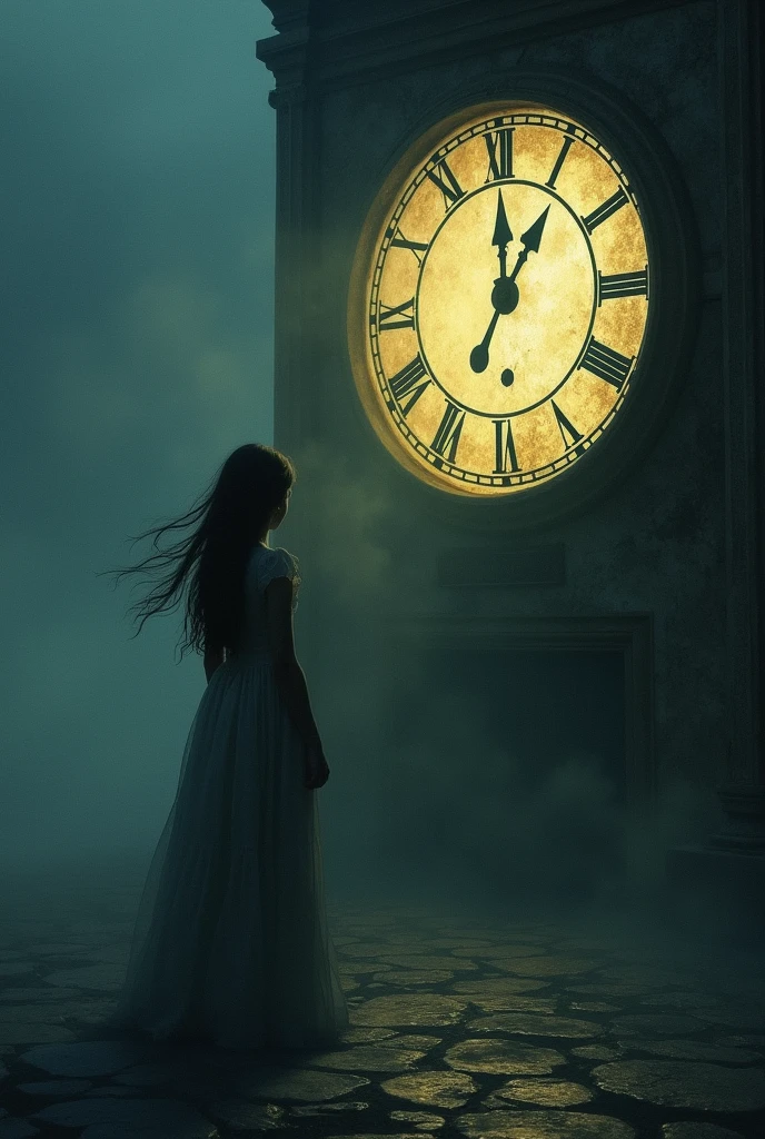 ((Mystery, Fantasy)), ((a girl trapped in time at a lone clock tower)), intricate details illuminated by a soft and eerie glow, (clock's minute hand moves with precision, hour hand follows in steady rhythm, marking the passage of time),destination, (Time seems to bend and twist, creating a sense of disorientation and wonder),
an air of mystery and intrigue,
(masterpiece, best quality), dynamic angle, (sharp focus), (muted colors, dim colors, soothing tones:1.3),