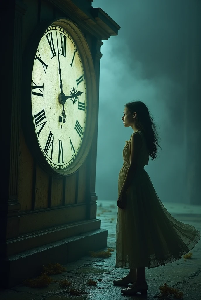 ((Mystery, Fantasy)), ((a girl trapped in time at a lone clock tower)), intricate details illuminated by a soft and eerie glow, (clock's minute hand moves with precision, hour hand follows in steady rhythm, marking the passage of time),destination, (Time seems to bend and twist, creating a sense of disorientation and wonder),
an air of mystery and intrigue,
(masterpiece, best quality), dynamic angle, (sharp focus), (muted colors, dim colors, soothing tones:1.3),