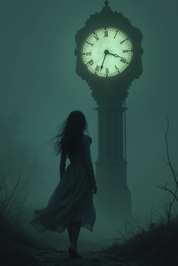 ((Mystery, Fantasy)), ((a girl trapped in time at a lone clock tower)), intricate details illuminated by a soft and eerie glow, (clock's minute hand moves with precision, hour hand follows in steady rhythm, marking the passage of time),destination, (Time seems to bend and twist, creating a sense of disorientation and wonder),
an air of mystery and intrigue,
(masterpiece, best quality), dynamic angle, (sharp focus), (muted colors, dim colors, soothing tones:1.3),