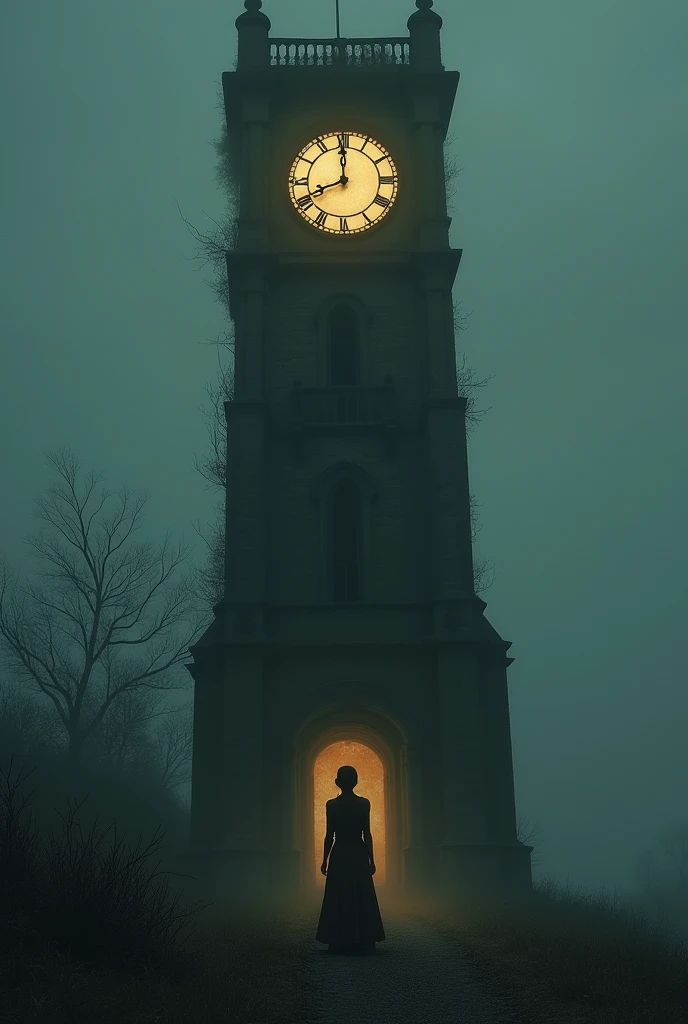 ((Mystery, Fantasy)), ((a girl trapped in time at a lone clock tower)), intricate details illuminated by a soft and eerie glow, (clock's minute hand moves with precision, hour hand follows in steady rhythm, marking the passage of time),destination, (Time seems to bend and twist, creating a sense of disorientation and wonder),
an air of mystery and intrigue,
(masterpiece, best quality), dynamic angle, (sharp focus), (muted colors, dim colors, soothing tones:1.3),