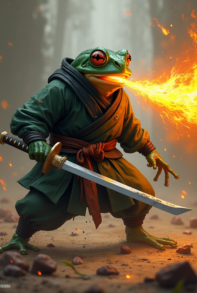 Frog in ninja uniform spitting fire and with an unsheathed katana sword epicrealism image