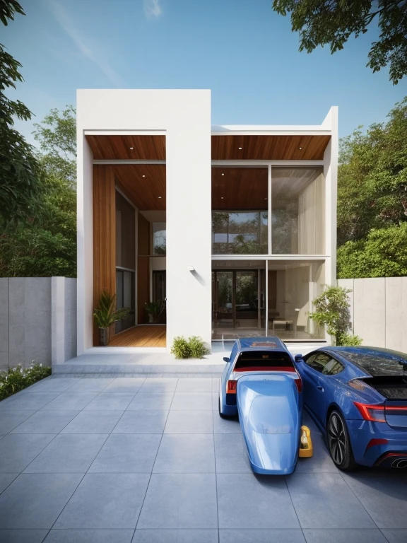 Minimalist architecture, the main materials of the house include white walls, blue concrete effect walls, Realistic images, extremely detailed, a modern house, 1 road in font of house, large yard made by ceramic, (1 car), brick fence, lawn, a few small flowers, a road in front of the house, main materials of the house are white walls and red brick, Modern design, clear blue sky, sunrise light, light from inside, dynamic light,shimering light, cinematic light, romantic feeling, (((day light, warm light)))