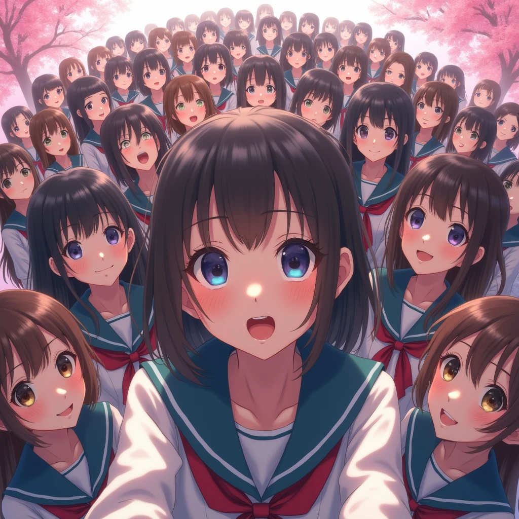(Panoramic group photo of realistic schoolgirls SURROUNDING and looking down at the camera) . (highest quality, High resolution, masterpiece, realistic:1.2),(HDR, Bright colors), beautiful face, detailed facial features, pose for a photo, (close:1.3, seen from below), detailed expression, natural pose, CherryBlossoms background with fog, photon mapping