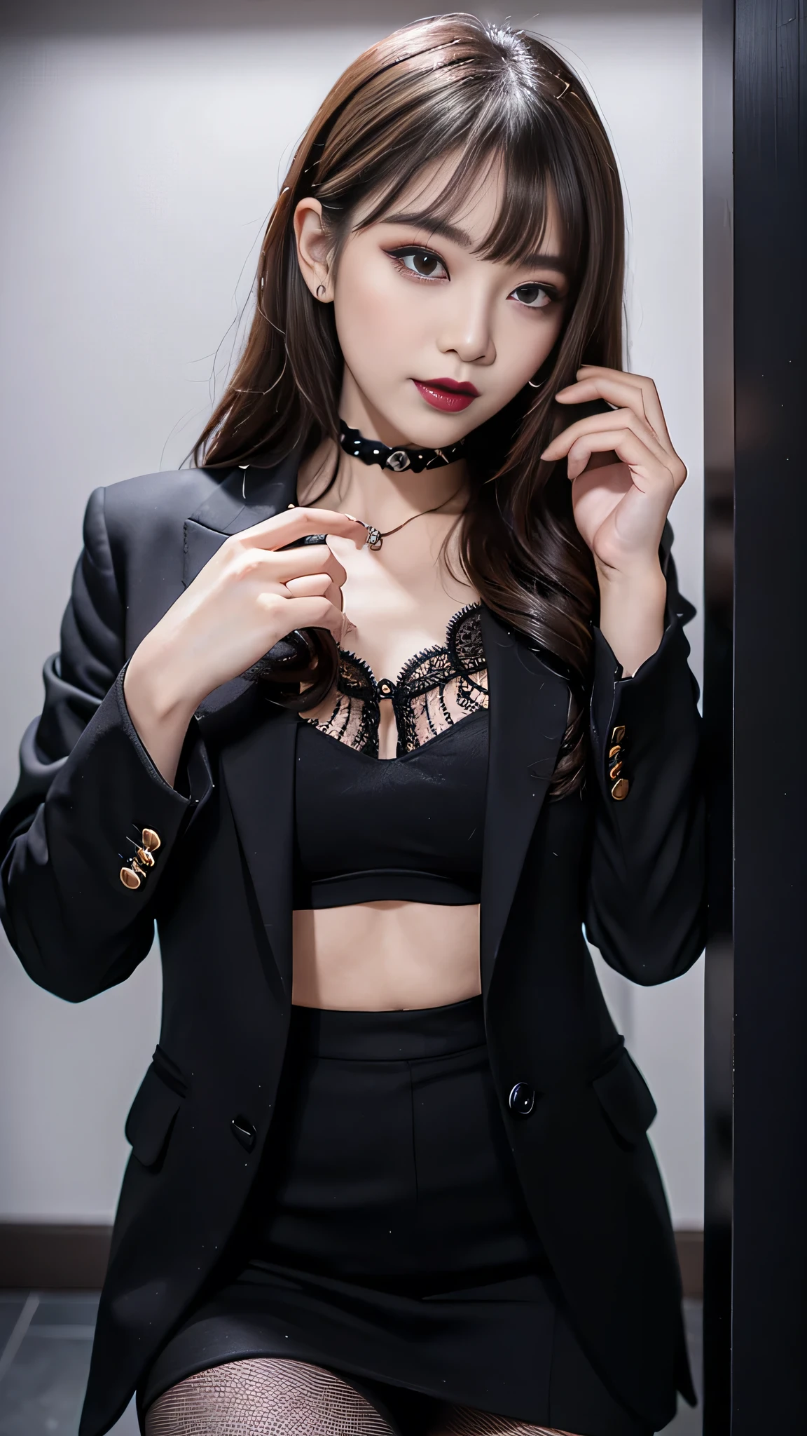 best quality、ultra-detailed、8k、Japanese、Seductive beauty、seductive adult woman、Pretty Woman、cool girl、smirk、Wicked Smile、Villainess、brainwash makeup、brainwash、Fallen into evil、Evil look、evil、Brown hair、wavy hair、swept bangs、dark makeup、piercing eyes、hollow eyes,half-closed eyes、Hollow Eyes、purple Eyeshadow、black lipstick、black lipglos、Purple Eyeshadow、black lipstick、black lip gloss、Dark Makeup、smirk、Whisper in my ear、business suit、black Jacket、white blouse、ribbon、flare skirt、pantyhose、night、inside darkroom、Kiss、I have lipstick、Are standing、Look、Offer、shoot from below、