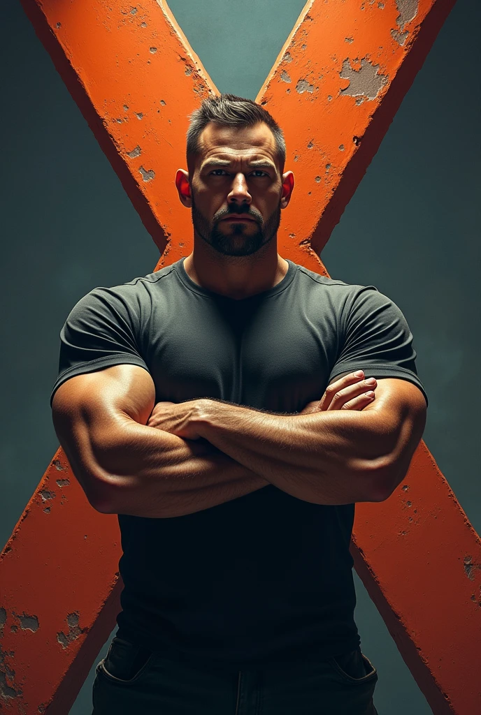 Man with crossed arms and a large X behind him