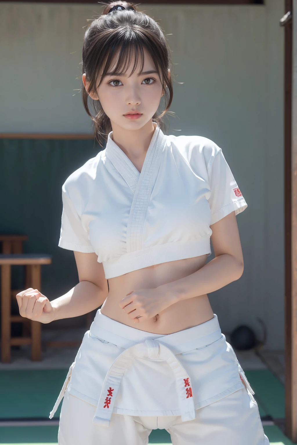 (I can see a sporty bra)、(((Karate clothes)))、Female karateka with bangs and ponytail、Visible navel and lower chest、shiny skin、((shy face))、((Turn your face away))、((look sideways))、((face is flushed))、(Watery eye)、cry、(((Karate Dojo)))、((delicate pictures))，(Masterpiece detailed RAW photos:1.25), (highest quality:1.6), (Super high resolution:1.5), (realistic:1.75), 8K resolution, Canon EOS R5, 50mm, absurd, super detailed,cinematic lighting、((Sporty panties are visible))、(((The pants are taken off)))、