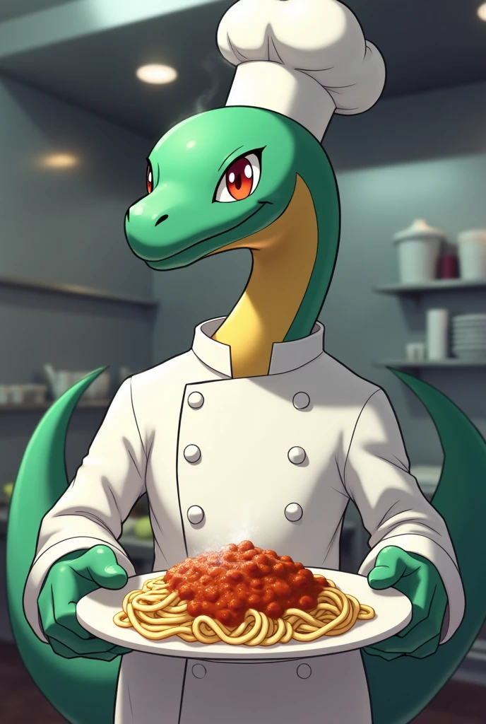 Rayquaza in a chef&#39;s suit and a plate of noodles with Bolognese sauce in his hands
