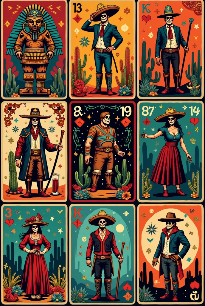 
A template of a Mexican style deck with each suit in these specifications Aztec Calendar 1. Aztec calendar 1 2. Aztec calendar 2 3. Aztec calendar 3 4. Aztec calendar 4 5. Aztec Calendar 5 6. Aztec Calendar 6 7. Aztec Calendar 7 10. Azteca Agricultural 11. Warrior Eagle 12. Quetzalcoatl Tequila 1. Bottle of Tequila 2. Glass of Tequila 2 3. Glass of Tequila 3 4. Glass of Tequila 4 5. Glass of Tequila 5 6. Glass of Tequila 6 7. Glass of Tequila 7 10. Revolutionary 11. Emiliano Zapata on Horseback 12. Emiliano Zapata and Francisco Villa in the Presidential Chair Machete 1. Machete 1
2. Machete 2
3. Machete 3
4. Machete 4
5. Machete 5
6. Machete 6
7. Machete 7
10. catrina (Day of the Dead)
11. Black Charro 12. catrin (Day of the Dead)

Cacti 1. Cactus 1 2. Cactus 2 3. Cactus 3 4. Cactus 4 5. Cactus 5 6. Cactus 6 7. Cactus 7 10. Skirmish 11. Traditional Charro 12. Mexican flag