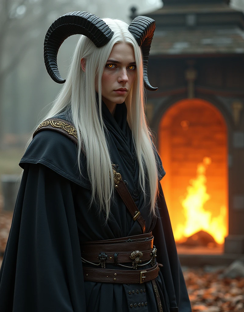 pale young strong man, yellow eyes without pupils, standing in front of the forge, wearing blacksmith clothes, long white straight hair, black ram horns on the head, outdoors, soft lighting, forge in background, relaxed pose, realistic, intricate details, warm colors