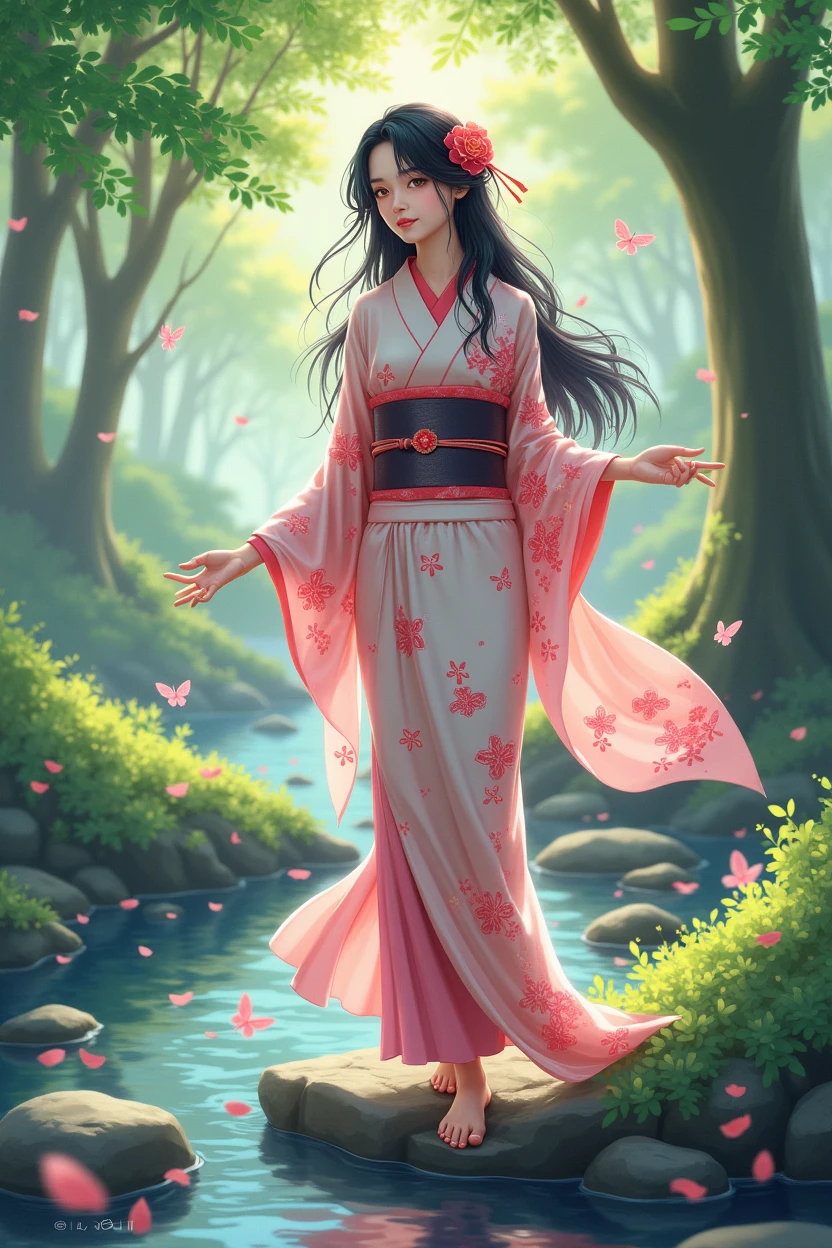 Beautiful Japanese woman standing by a stream in the forest